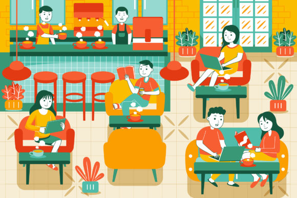 People in Cozy Cafe Vector Illustration Assets